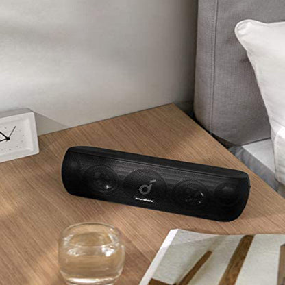Black Bluetooth subwoofer speaker with compact design and visible control panel