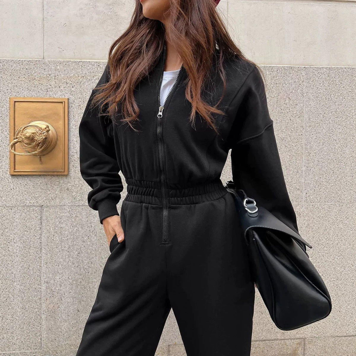 Women's casual long-sleeve zip-up collar jumpsuit in a relaxed fit