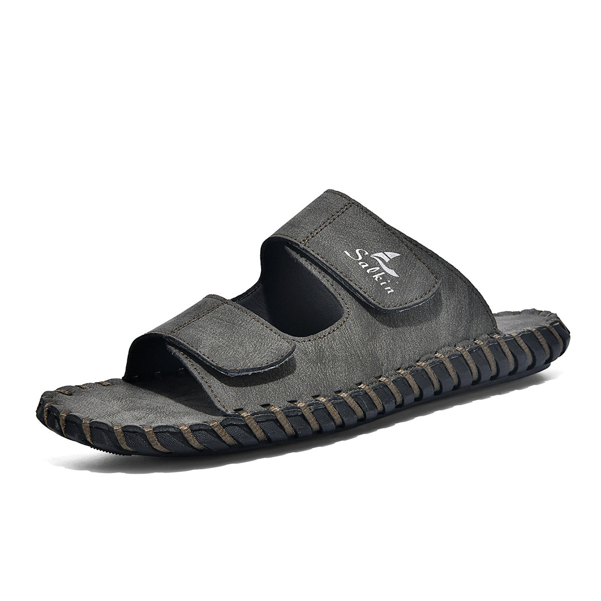 Men's casual outdoor leather slippers in a simple slip-on design