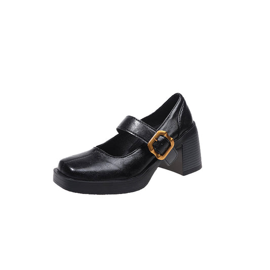 Women's British style square toe high heel flats with vintage metal buckle single strap, black Mary Jane shoes