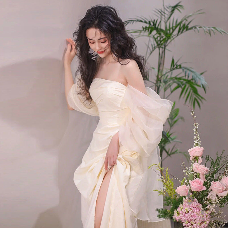 Simple long light tube top wedding dress for bride, elegant bridal gown front view