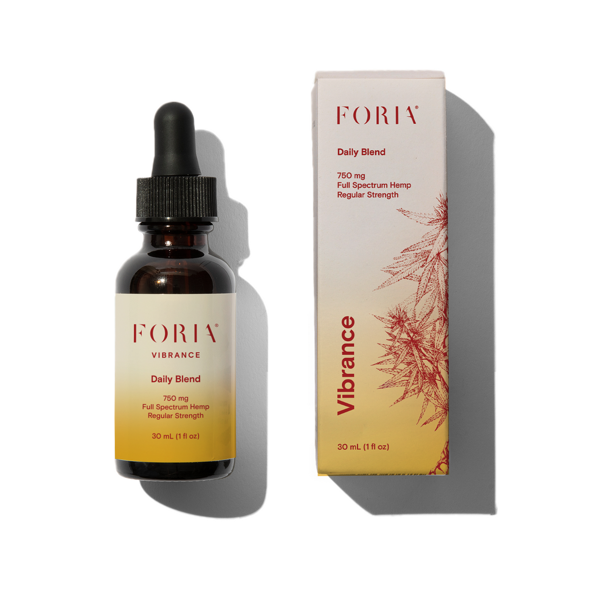 Foria Daily Blend oils and tinctures bottle with label showing natural herbal ingredients and dropper cap.