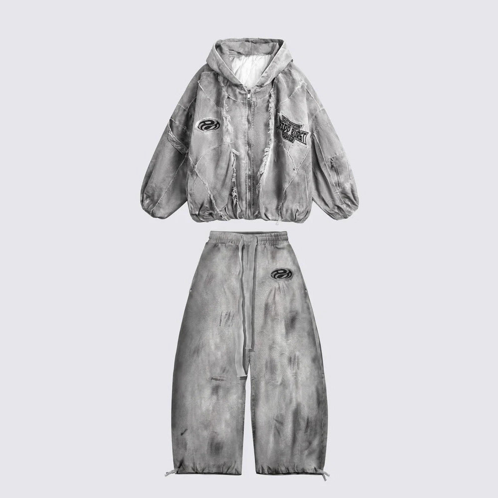 Mottled distressed casual all-match sweatpants with relaxed fit and textured finish