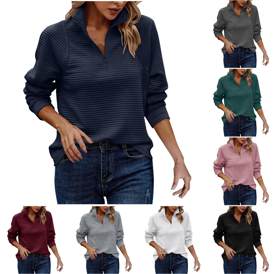 Loose solid-color stand-collar zipper sweatshirt with snake bone pattern for autumn and winter
