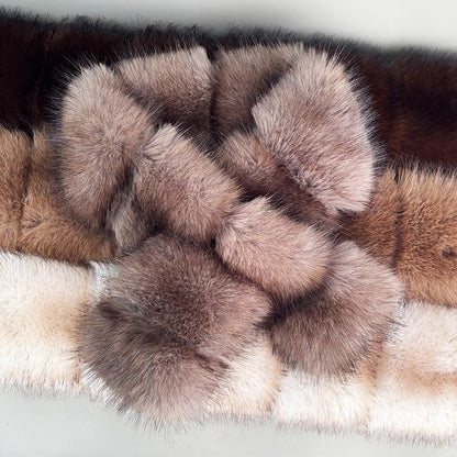 Segmented wool patchwork and plush coat with fur, cross-knitted design in a mature, elegant style