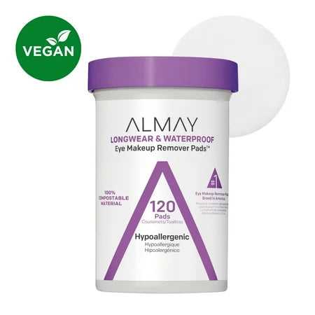 Almay eye makeup remover pads for longwear and waterproof makeup, 120 count, with soft pads on a white background.