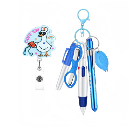Retractable nurse pen set keychain with flashlight, shown together as a compact medical accessory