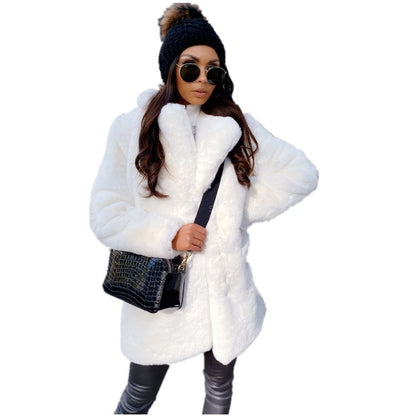 Women's solid color long sleeve lapel faux fur coat