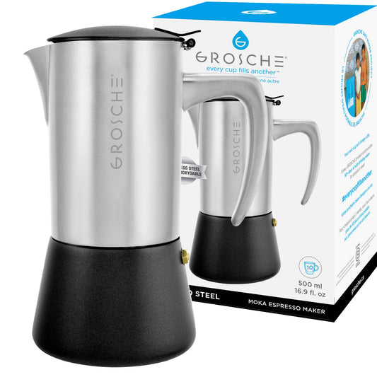 GROSCHE Milano Steel | 10 Espresso Cup | Stovetop Espresso Maker: Stainless Steel Moka Pot for Greca Induction Electric & Gas Stoves | Dishwasher Safe Stovetop Espresso Maker Moka Pot
