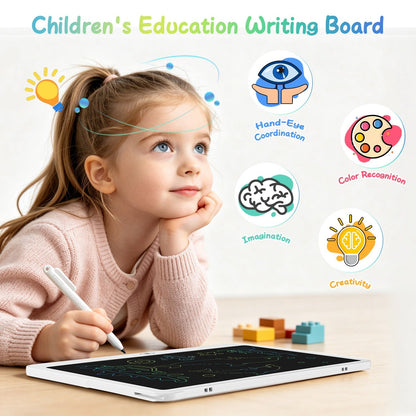 Kids' LCD writing tablet by GBruno Store with stylus and lock function, showing a colorful drawing on the screen.