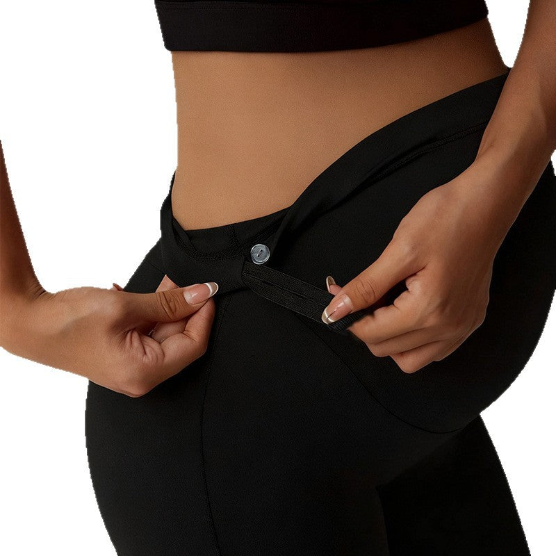 Maternity high waist flared leg pants with tummy support and butt-lifting legging style in a casual trouser design
