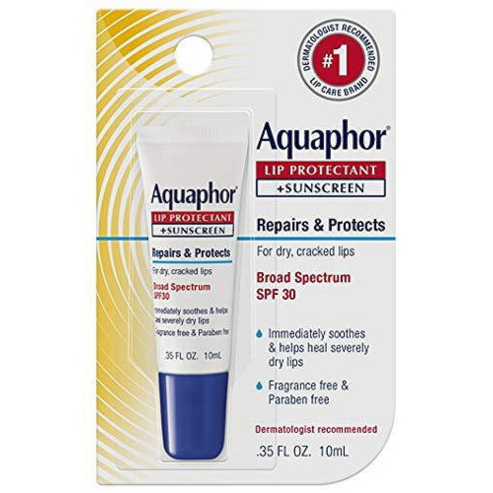 Aquaphor Lip Repair and Protect SPF 30 lip balm for chapped lips in a 0.35 oz tube, featuring broad spectrum sun protection.
