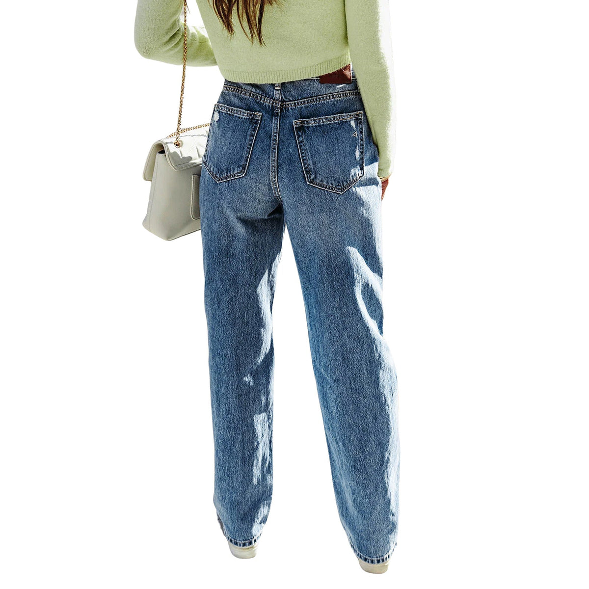 Women's loose-fit straight-leg ripped high-elastic jeans, My Store, blue denim front view