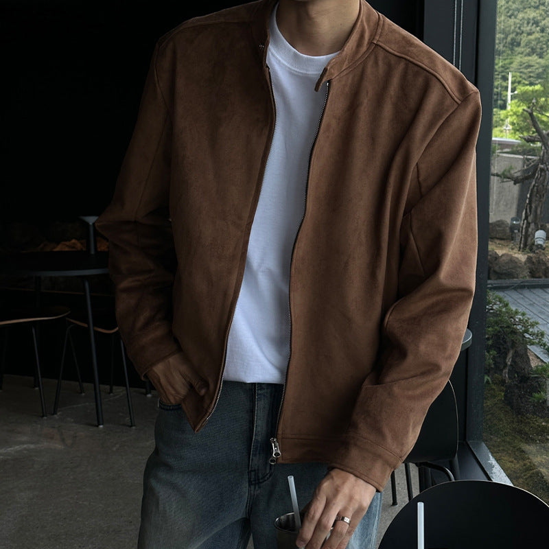 Brown Maillard stand-up collar jacket with long sleeves and front zip closure