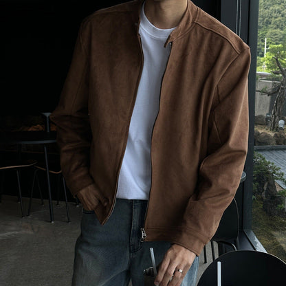 Brown Maillard stand-up collar jacket with long sleeves and front zip closure