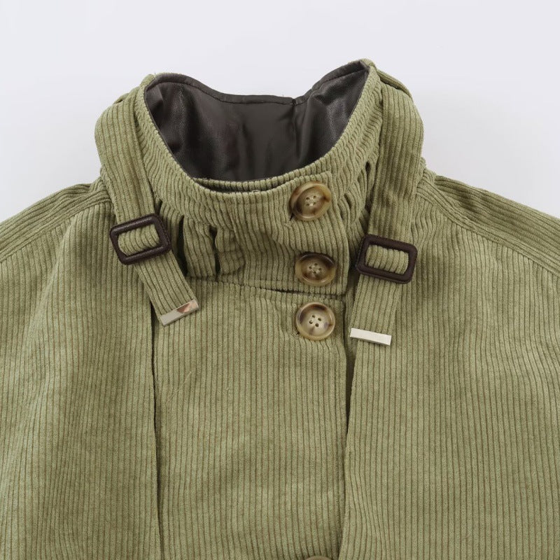 Women's buttoned belted vintage workwear jacket in old-money style, front view