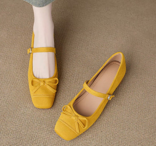Women’s soft leather French style square toe Mary Jane flats with bow and single strap