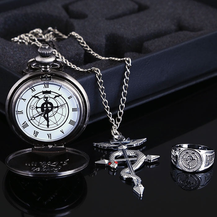 Fullmetal Alchemist pocket watch with engraved anime-inspired design and antique silver finish