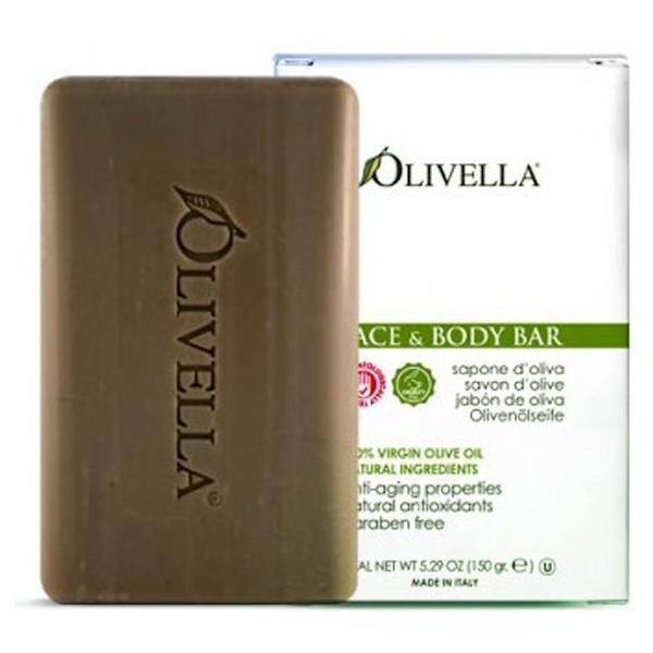 Olivella Classic All Natural Olive Oil Face and Body Soap by Pasteur Pharmacy in 5.29 oz bar, showing the soap's packaging and texture.
