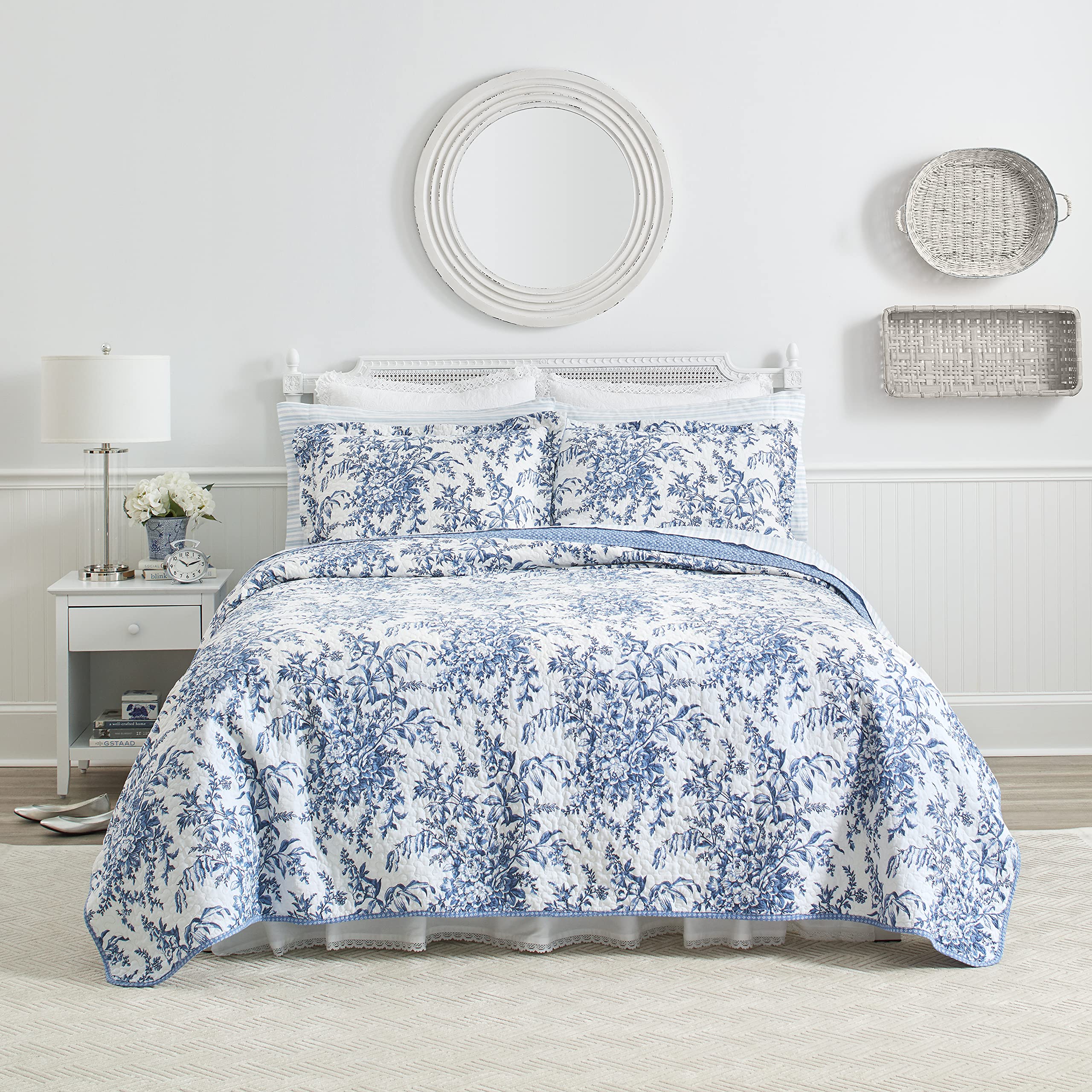 Laura Ashley - Twin Quilt Set Reversible Cotton Bedding with Matching Sham Home Decor for All Seasons (Bedford Delft Blue Twin)