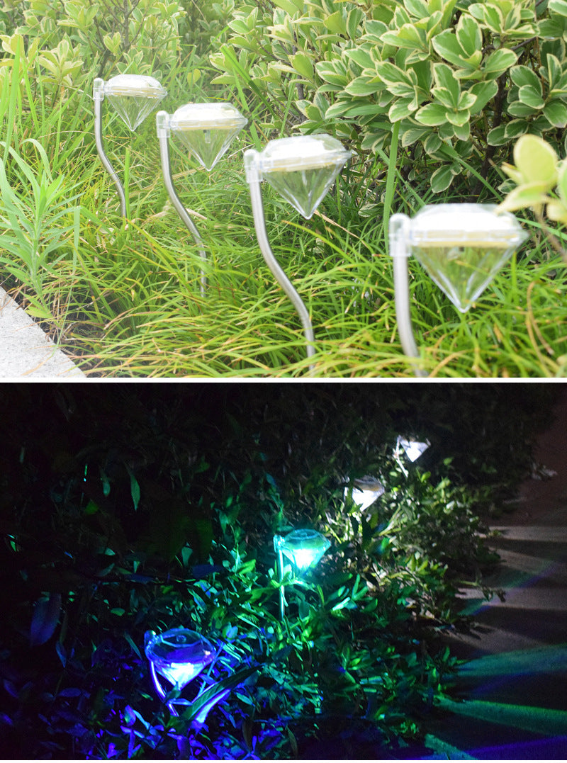 Solar powered garden diamond light with faceted crystal design, outdoor decorative stake lamp