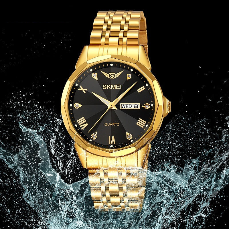 Solid steel band calendar casual waterproof business watch with analog dial and metal bracelet