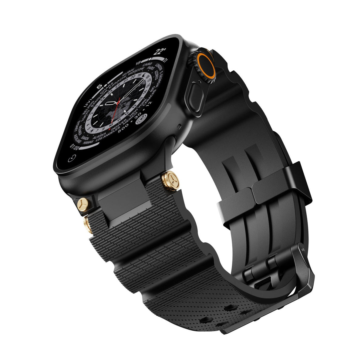 Sports silicone watch strap in black with textured surface and adjustable buckle closure