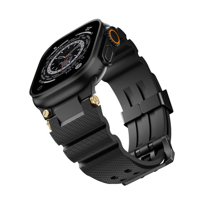 Sports silicone watch strap in black with textured surface and adjustable buckle closure