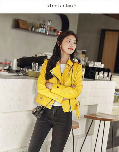 Short slim-fit PU leather jacket by My Store, featuring a sleek cropped design