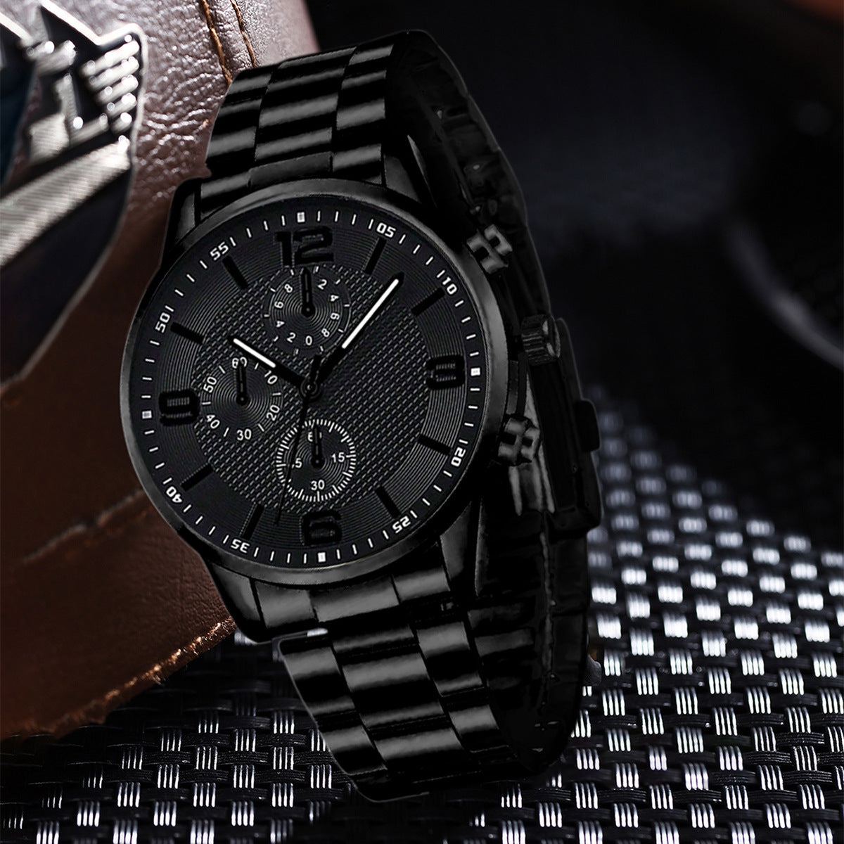 Three-eye digital men's watch with matching bracelet and necklace set in black design