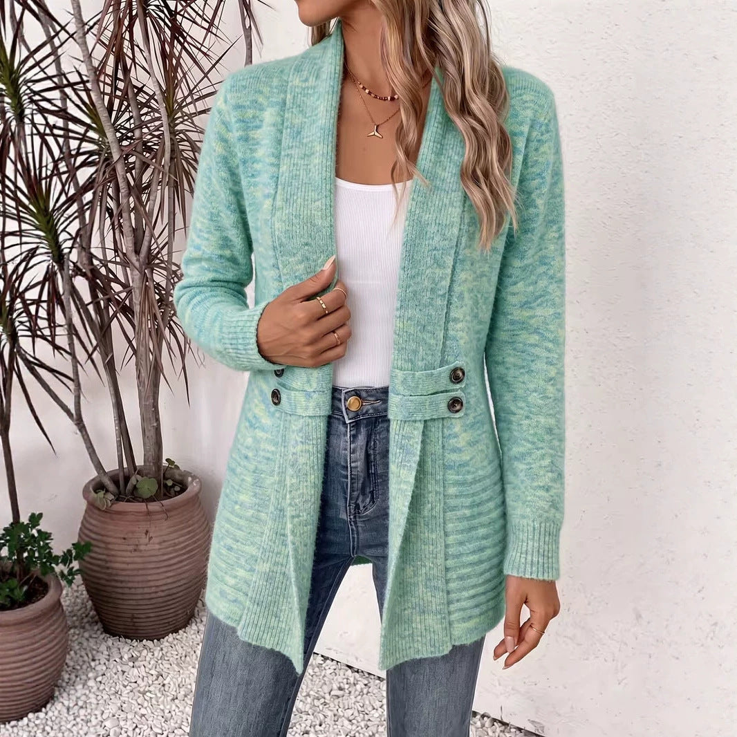 Casual double-breasted decorative belt cardigan, mid-length versatile sweater in a relaxed lazy style