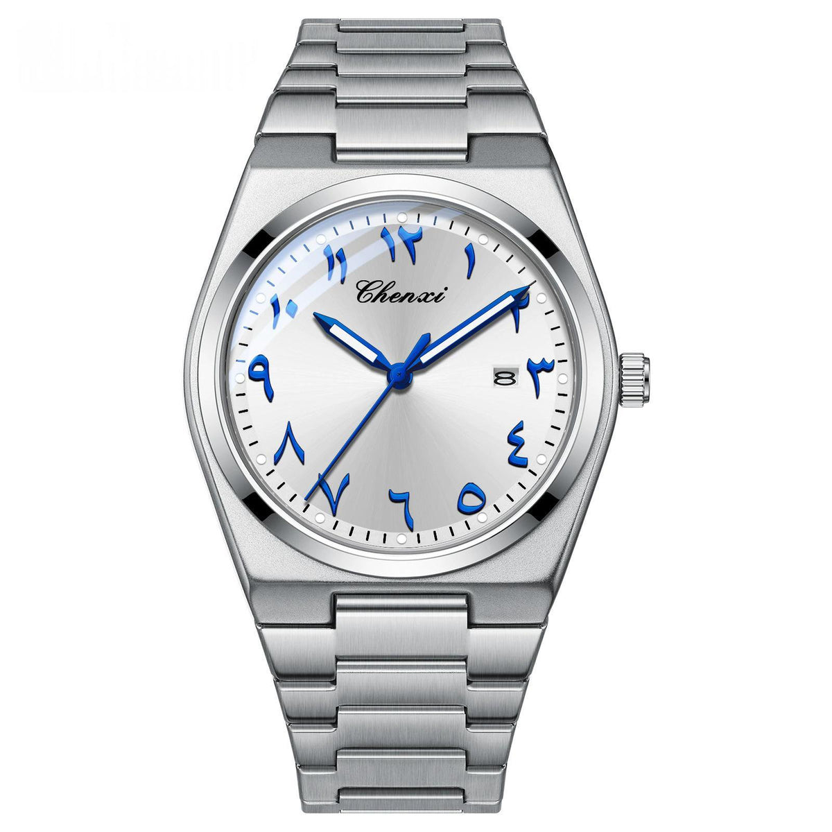 Men's luminous waterproof quartz watch with dark dial and stainless steel case and band