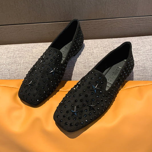 Women's square toe rhinestone flat moccasins, soft sole slip-on loafers for wide feet