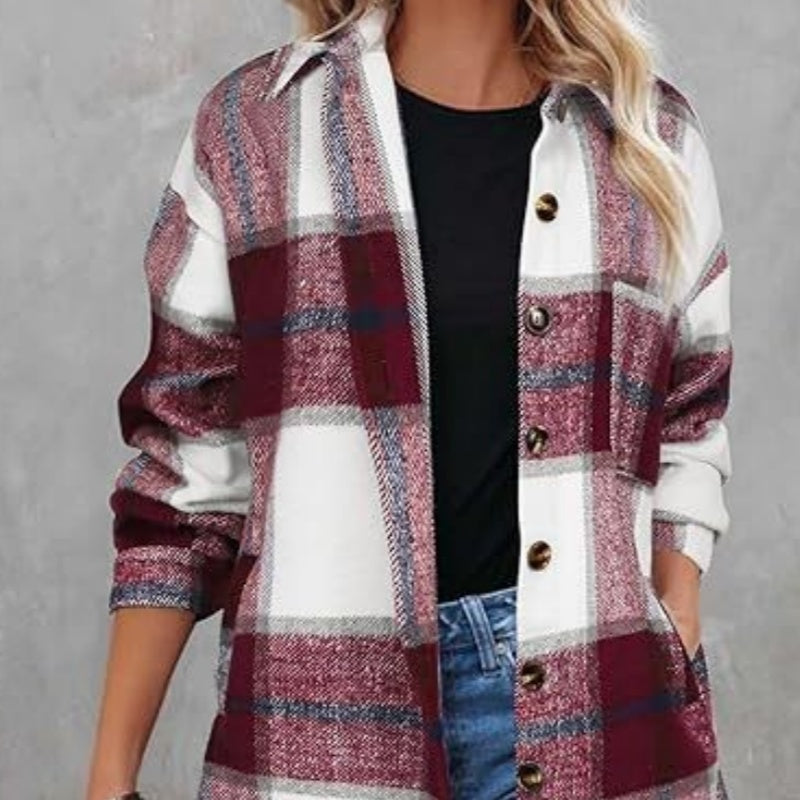 Women's woolen plaid pocket shirt casual jacket by My Store
