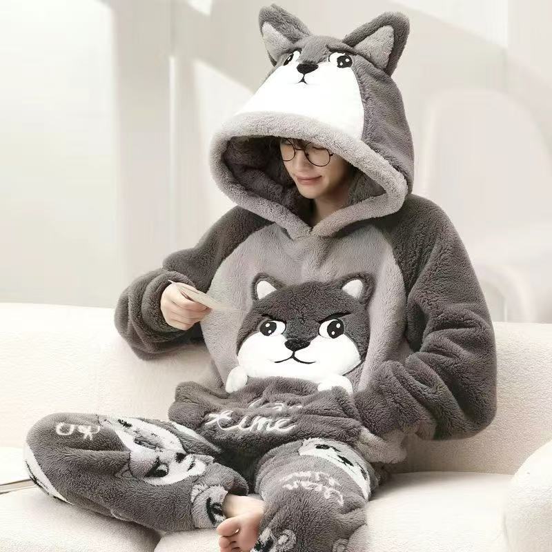 Men's thickened cartoon plus-size pajama set with long-sleeve top and matching pants