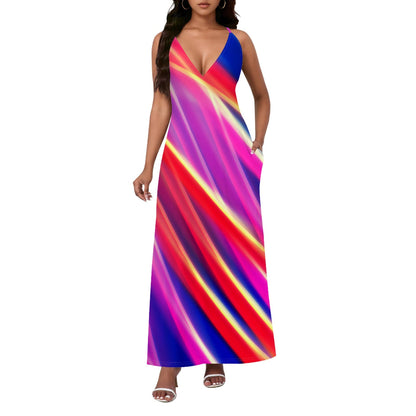 Bold colorful patterned loose-fitting backless slip dress with sexy open-back design