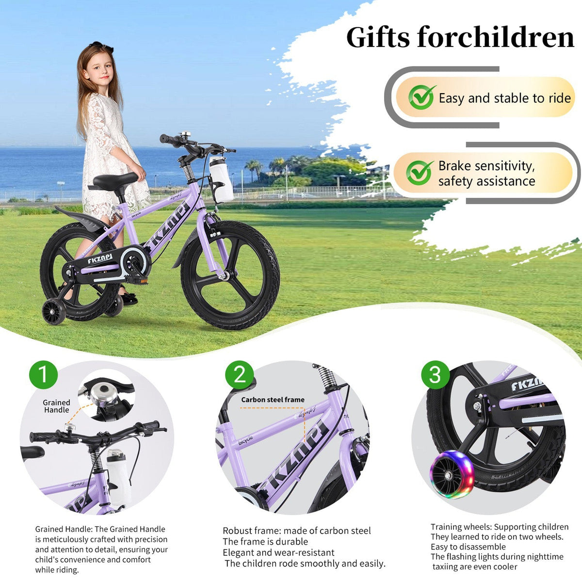 Kids bike by GBruno Store with 16-18 inch wheels, training wheels, adjustable seat, and colorful frame for young riders.