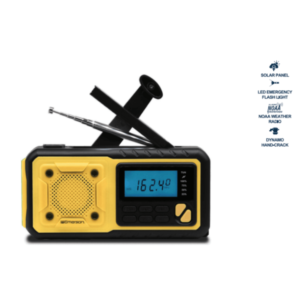 Emerson emergency AM/FM radio with weather band, flashlight, and power bank for outdoor and emergency use.