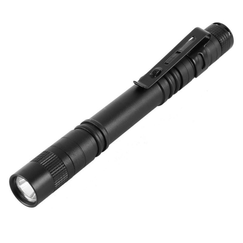 Black aluminum LED flashlight with compact cylindrical design and textured grip
