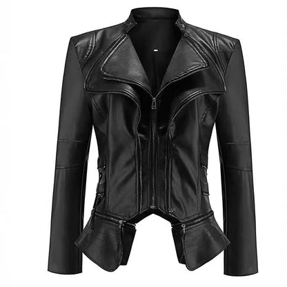 PU leather zippered patchwork jacket coat with textured panel design and long sleeves