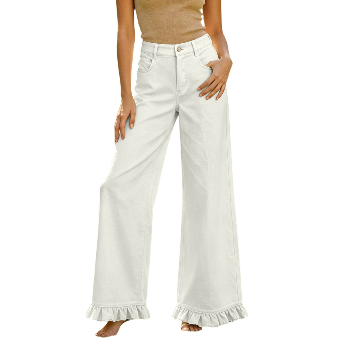High-waisted cotton-linen wide-leg pants with ruffled hem in a relaxed silhouette