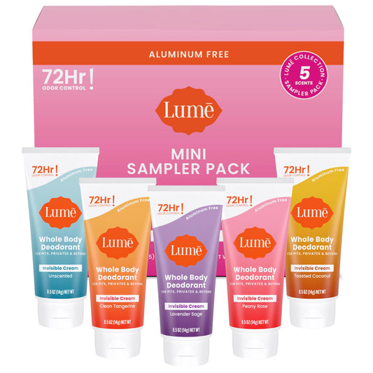 BACKUPMYFILESNOW® Lume 72-Hour Clear Mini Deodorant Sampler with 5 different fragrance bottles arranged on a white background.