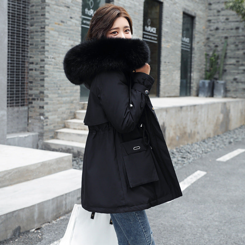 Women's winter down padded jacket in black, front view my store
