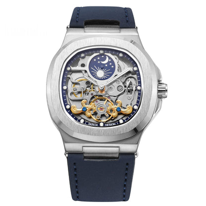 Full-automatic mechanical tourbillon hollow men's watch with exposed movement and detailed dial