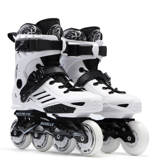 Adult inline roller skating beginner fancy flat shoes in black and white with four wheels