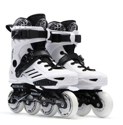 Adult inline roller skating beginner fancy flat shoes in black and white with four wheels