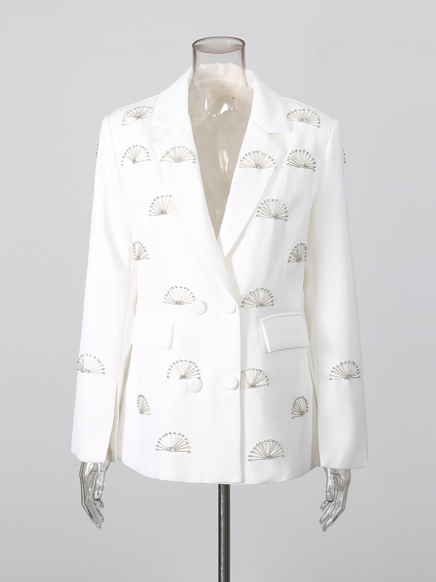 Rhinestone fan motif double-breasted notched lapel tailored blazer jacket in black
