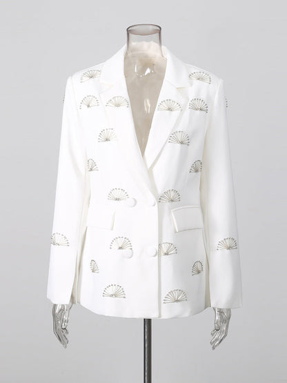 Rhinestone fan motif double-breasted notched lapel tailored blazer jacket in black