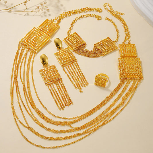 18k gold plated ladies jewelry set with tassel and multi-layered wedding necklace design
