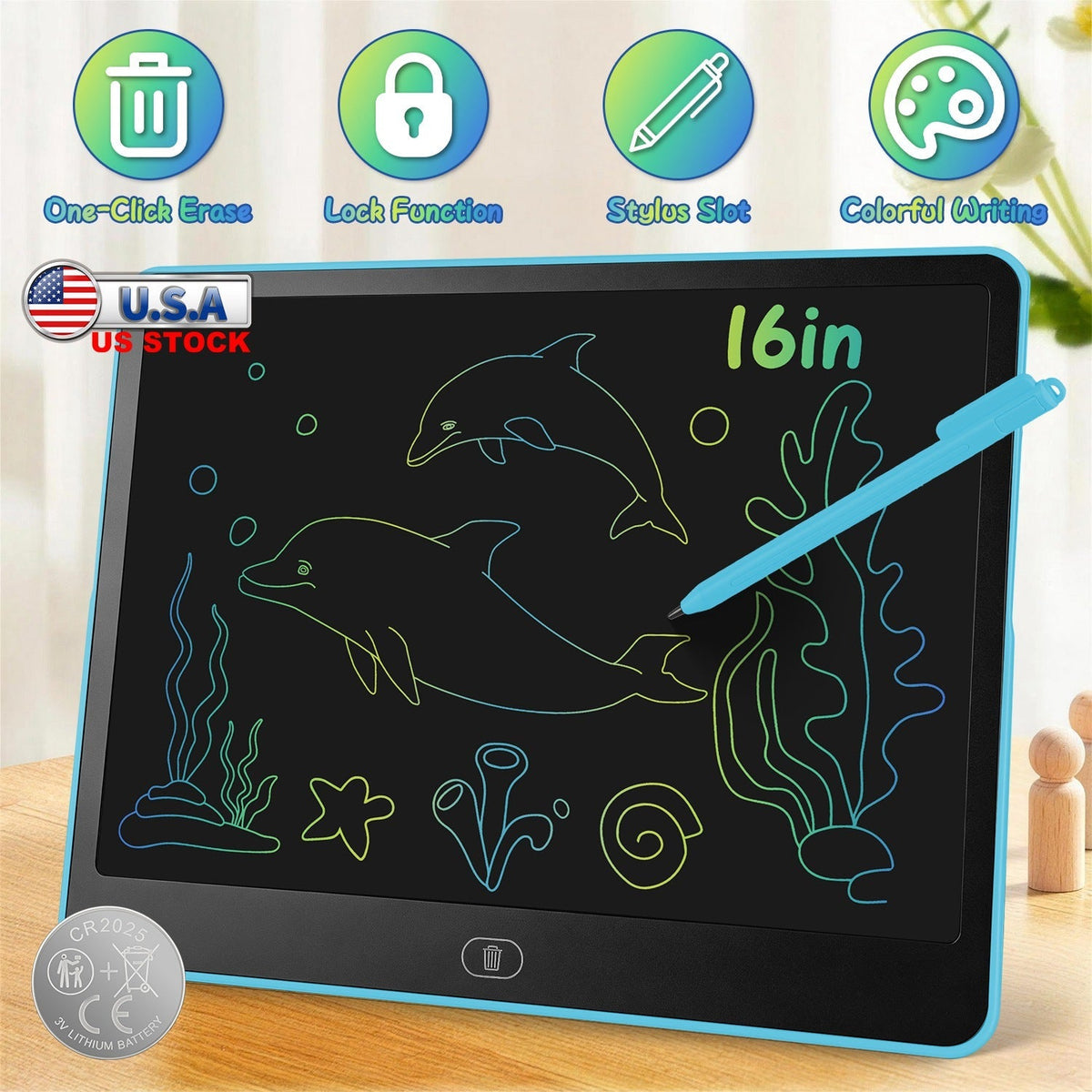 GBruno Store LCD writing tablet for kids with stylus and lock function, showing a colorful drawing on the screen.